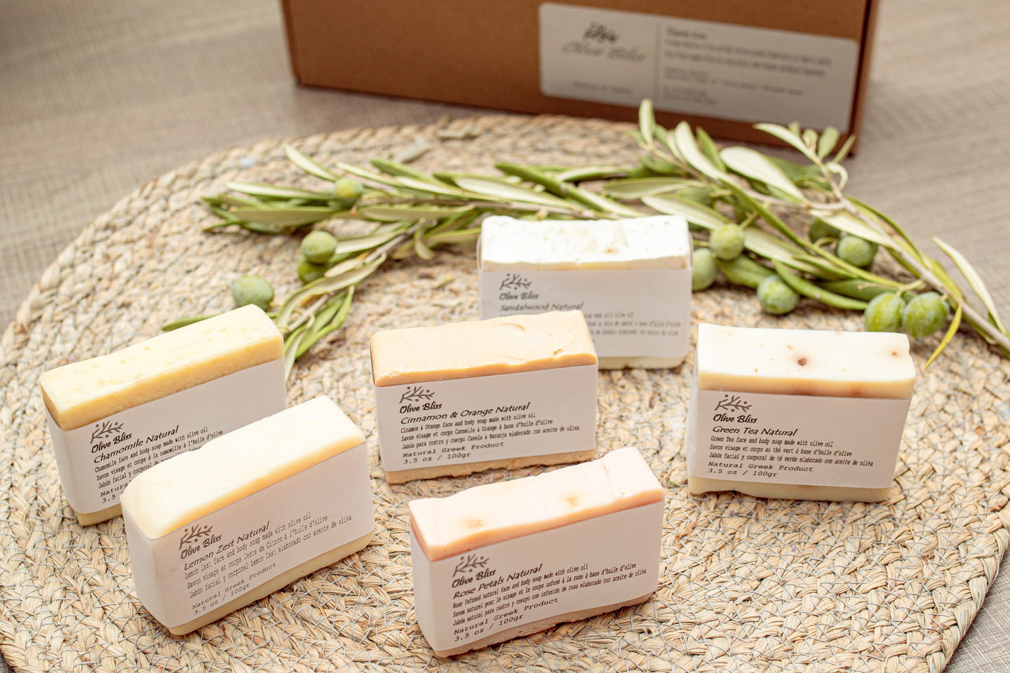 Olive Bliss gift set box collection, contains six olive bliss soap naturals scents